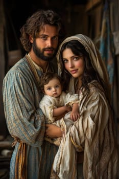 The painting depicts Mary, Joseph and the baby Jesus in a peaceful and holy scene, with Mary cradling Jesus in her arms and Joseph standing protectively by their side.AI generative.