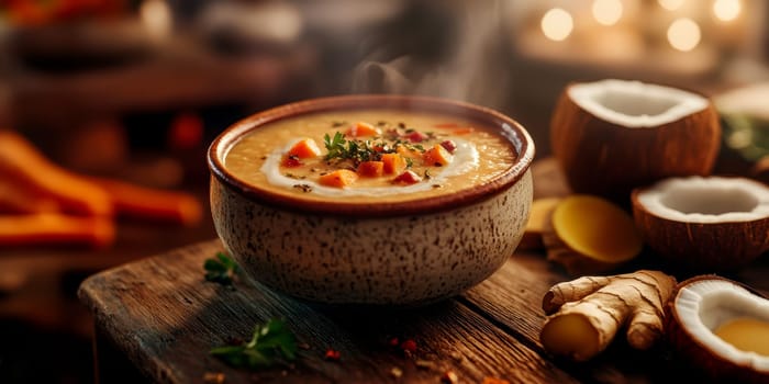 healthy pumpkin soup with ginger carrots and coconut milk . AI generative.