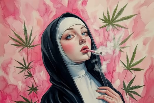 Woman dressed as nun smoking marijuana. AI generative.