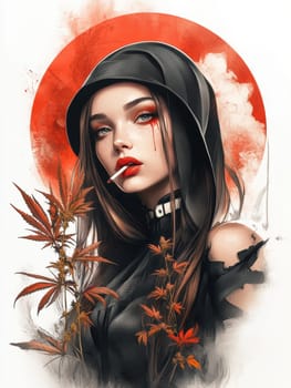 Woman dressed as nun smoking marijuana. AI generative.