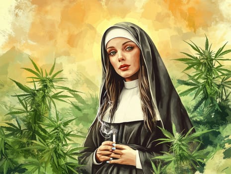 Woman dressed as nun smoking marijuana. AI generative.