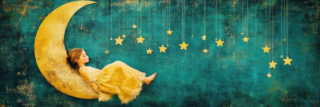 The image of the cute girl sleeping on the moon with stars suspended by thin threads . AI generative.