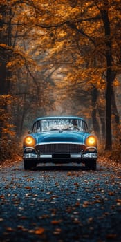 classic car on road with autumn landscape . AI generative.
