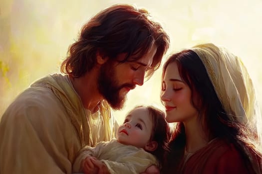 The painting depicts Mary, Joseph and the baby Jesus in a peaceful and holy scene, with Mary cradling Jesus in her arms and Joseph standing protectively by their side.AI generative.