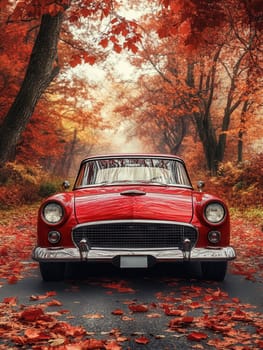 classic car on road with autumn landscape . AI generative.
