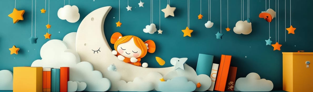 The image of the cute girl sleeping on the moon with stars suspended by thin threads . AI generative.