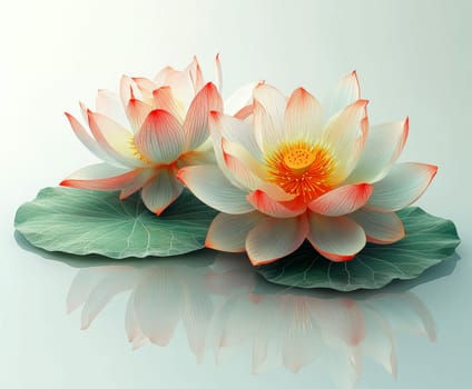 Lotus leaf, water reflection, perspective aesthetics, soft gradient colors, red and yellow, minimalist image from ancient China. AI generative.