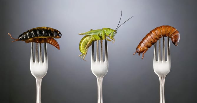 Edible insects such as worms, grasshoppers or beetle larvae as an alternative diet.