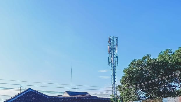 Trees with blue sky background and a communication tower. Green Leaves of trees shined by the sunlight shows its true color.