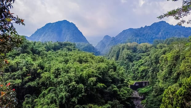 Forest, canyon and hill in Kaliurang, Sleman, Special Region of Yogyakarta, Indonesia. It shows the forest next to a canyon and a hill filled with trees. This scene takes place near Merapi Volcano Mountain.