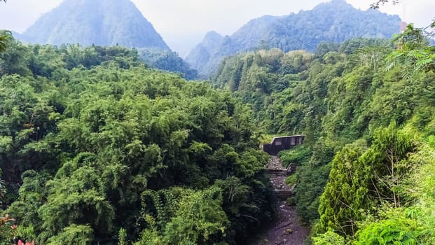 Forest, canyon and hill in Kaliurang, Sleman, Special Region of Yogyakarta, Indonesia. It shows the forest next to a canyon and a hill filled with trees. This scene takes place near Merapi Volcano Mountain.