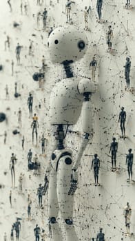 A meticulously crafted, hyper-detailed organizational chart illustrating a structured hierarchy featuring both human and robotic members. The chart is set against a clean white background, showcasing various levels of roles and connections, representing the modern integration of human and AI in an organizational structure. Each member is visually distinguished, giving insight into the complexity and synergy of human-robot collaboration within the workplace.