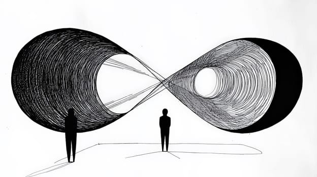 A powerful black ink diagram on white paper that explores the distinction between perception and reality, symbolized by an oval-shaped distortion in space. This minimalist yet impactful design uses subtle lighting to highlight our interpretation of real radio waves, blending simplicity with high-tech concepts.
