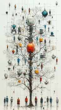 A meticulously crafted, hyper-detailed organizational chart illustrating a structured hierarchy featuring both human and robotic members. The chart is set against a clean white background, showcasing various levels of roles and connections, representing the modern integration of human and AI in an organizational structure. Each member is visually distinguished, giving insight into the complexity and synergy of human-robot collaboration within the workplace.