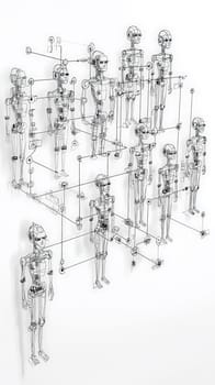A meticulously crafted, hyper-detailed organizational chart illustrating a structured hierarchy featuring both human and robotic members. The chart is set against a clean white background, showcasing various levels of roles and connections, representing the modern integration of human and AI in an organizational structure. Each member is visually distinguished, giving insight into the complexity and synergy of human-robot collaboration within the workplace.
