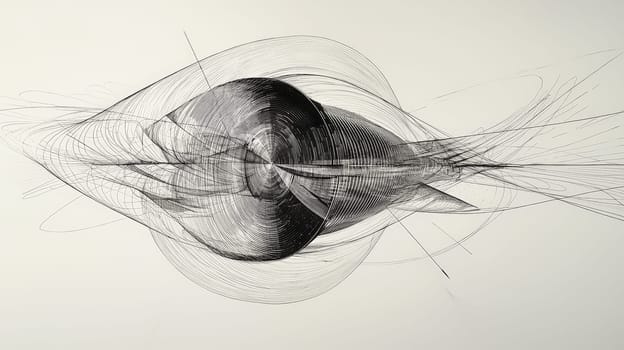 A powerful black ink diagram on white paper that explores the distinction between perception and reality, symbolized by an oval-shaped distortion in space. This minimalist yet impactful design uses subtle lighting to highlight our interpretation of real radio waves, blending simplicity with high-tech concepts.