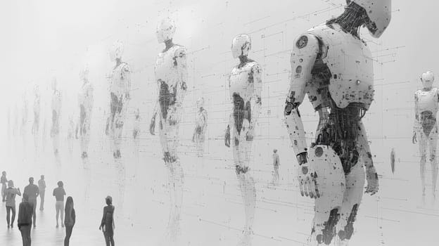 A hyper-detailed 3D-rendered organizational chart featuring a mix of human and robot figures arranged in a hierarchical structure. The white background emphasizes the clarity of each level, showing distinct roles and relationships. Each human and robot member is rendered with technical precision, representing a modern, integrated workforce.