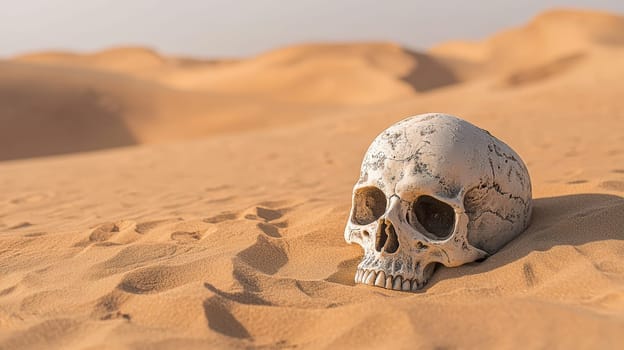A haunting photo of a skull resting in the arid desert landscape, capturing the stark contrast between life and desolation. The scene evokes themes of survival, the relentless passage of time, and nature's raw beauty.