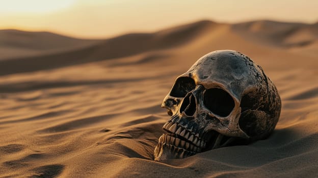 A haunting photo of a skull resting in the arid desert landscape, capturing the stark contrast between life and desolation. The scene evokes themes of survival, the relentless passage of time, and nature's raw beauty.