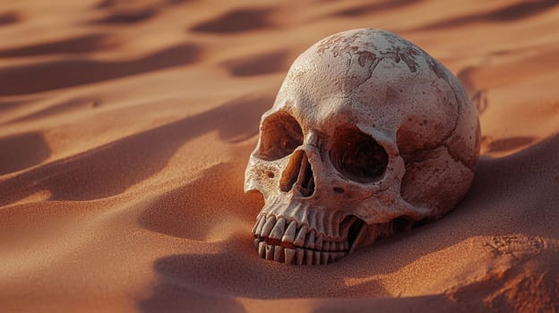 A haunting photo of a skull resting in the arid desert landscape, capturing the stark contrast between life and desolation. The scene evokes themes of survival, the relentless passage of time, and nature's raw beauty.