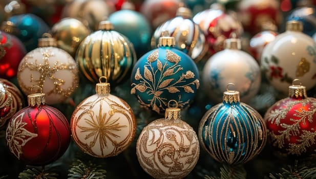 Colorful Christmas Ornaments on Christmas Tree, Festive Holiday Decoration