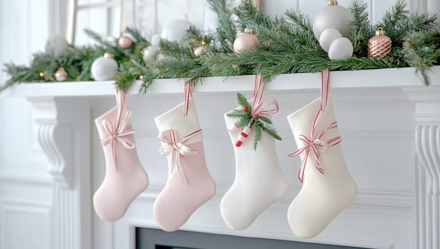 Cozy Christmas stockings hanging on fireplace mantel