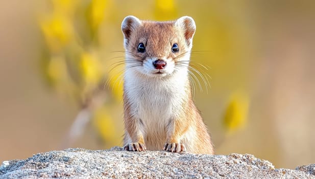 Curious weasel peering from rock in autumn nature