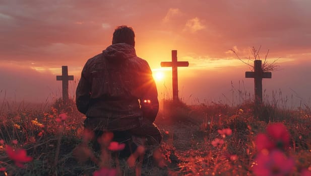 Silhouette of a man praying in front of crosses at sunset, with concept of faith, hope, and remembrance