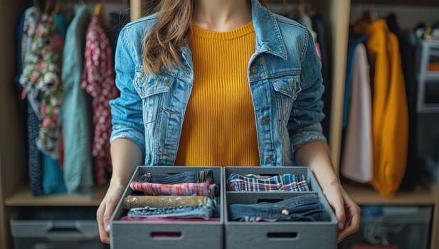 Woman organizing and sorting clothes in a closet. Concept of home organization, decluttering, and wardrobe management.