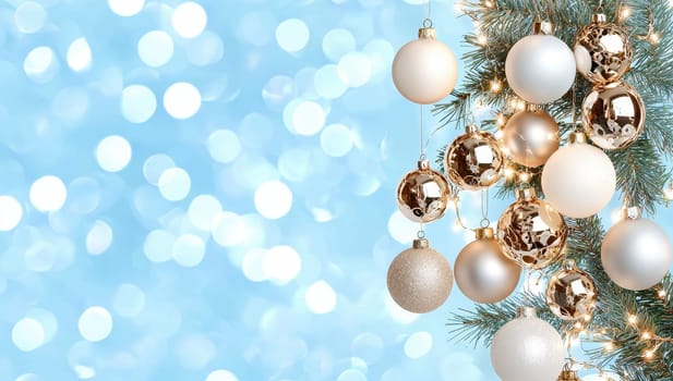 Christmas tree ornaments and lights on a blue background