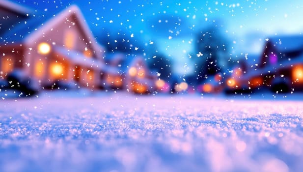 Snowy winter landscape with illuminated houses and twinkling stars