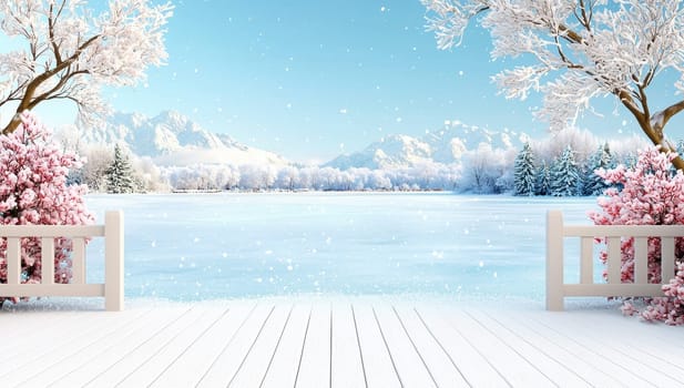 Winter wonderland landscape with cherry blossom trees and wooden deck
