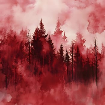 Red Watercolor Forest Nature Scenery Landscape wilderness