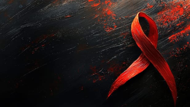 Red ribbon symbolizing AIDS awareness on a dark background