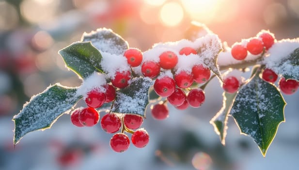 Snow Covered Holly Berries in Winter Sunlight, Festive Holiday Scene