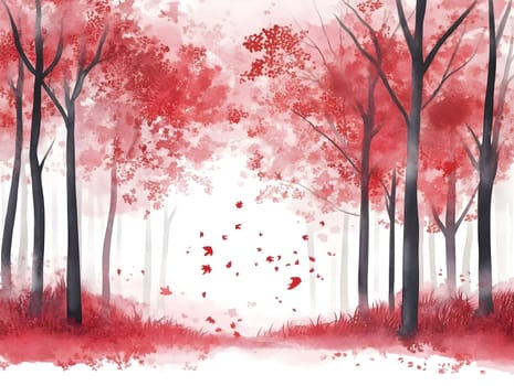 Red Watercolor Forest Nature Scenery Landscape wilderness