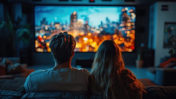 Couple watching a movie on a large screen in a cozy living room. Concept of entertainment and togetherness.