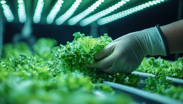 Hands harvesting fresh green lettuce in a hydroponic garden. Concept of organic farming, healthy eating, and sustainable agriculture.