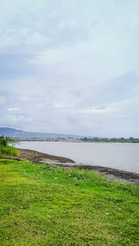 A river with a bridge in the background. The water is calm and the grass is green. The scene is peaceful and serene