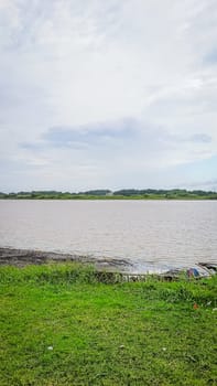 A river with a bridge in the background. The water is calm and the grass is green. The scene is peaceful and serene