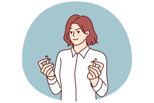 Sneaky woman showing money gesture wanting cash for lobbying or getting insider information. Sneaky girl with selfish expression greets to receive bribe for anti-corruption concept