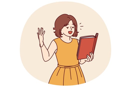 Inspired girl reads poetry and expressively waves hand for concept of literary talent in child. Schoolgirl with book dreams of becoming poet by reading poetry and novels by famous authors