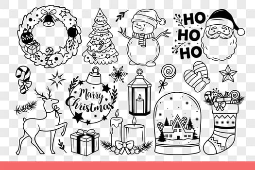 Christmas decorative items to create festive New Year atmosphere in house. Hand drawn.
