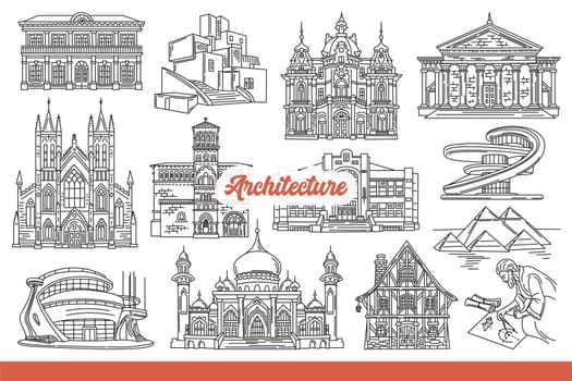 Architectural landmarks and world-famous buildings built in ancient times or today. Architectural masterpieces with mosques and cathedrals or pyramids near male engineer. Hand drawn.