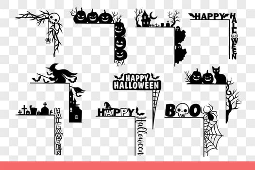 Halloween decorations on corners and frames for photos or cards with scary elements and titles. Flying witch and jack-o-lanterns on corners with symbols of halloween holiday. Hand drawn.