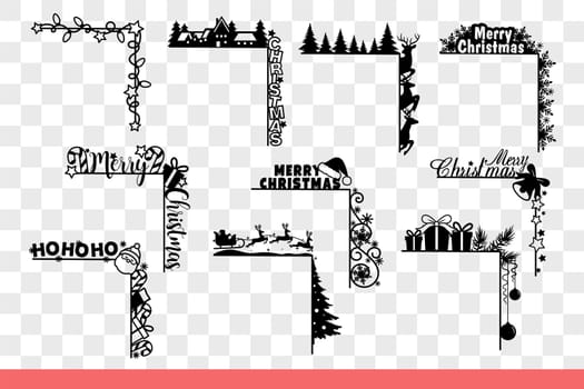 Christmas headers on corners and frames for portraits or cards with congratulatory words. Merry Christmas and happy New Year slogans on corners with pins and winter decorations. Hand drawn.