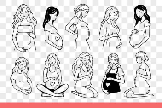Pregnancy women expecting child and smilingly dreaming of big family and healthy children. Expectant mothers during pregnancy holding belly, showing love and care for unborn baby. Hand drawn.