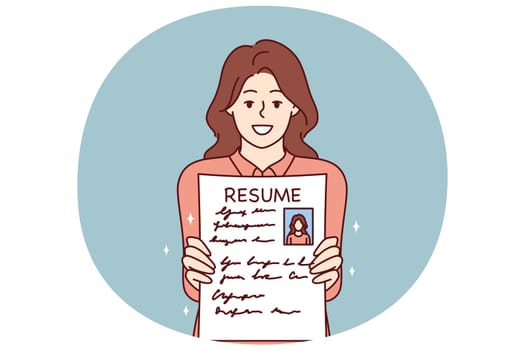Woman shows resume to find job and smiles, wishing to get vacant position in large corporation. Concept recruiting business or help in writing resume for job seekers looking for job with big salary
