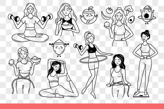 Lead healthy lifestyle and use organic diet or exercise to improve their well-being. Slender girls lift dumbbells and twirl hula hoop or eat vegetables to support healthy lifestyle. Hand drawn.