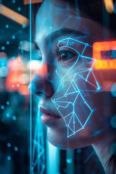 Woman face with digital grid pattern on dark blue background, authentication scanning concept, AI generated